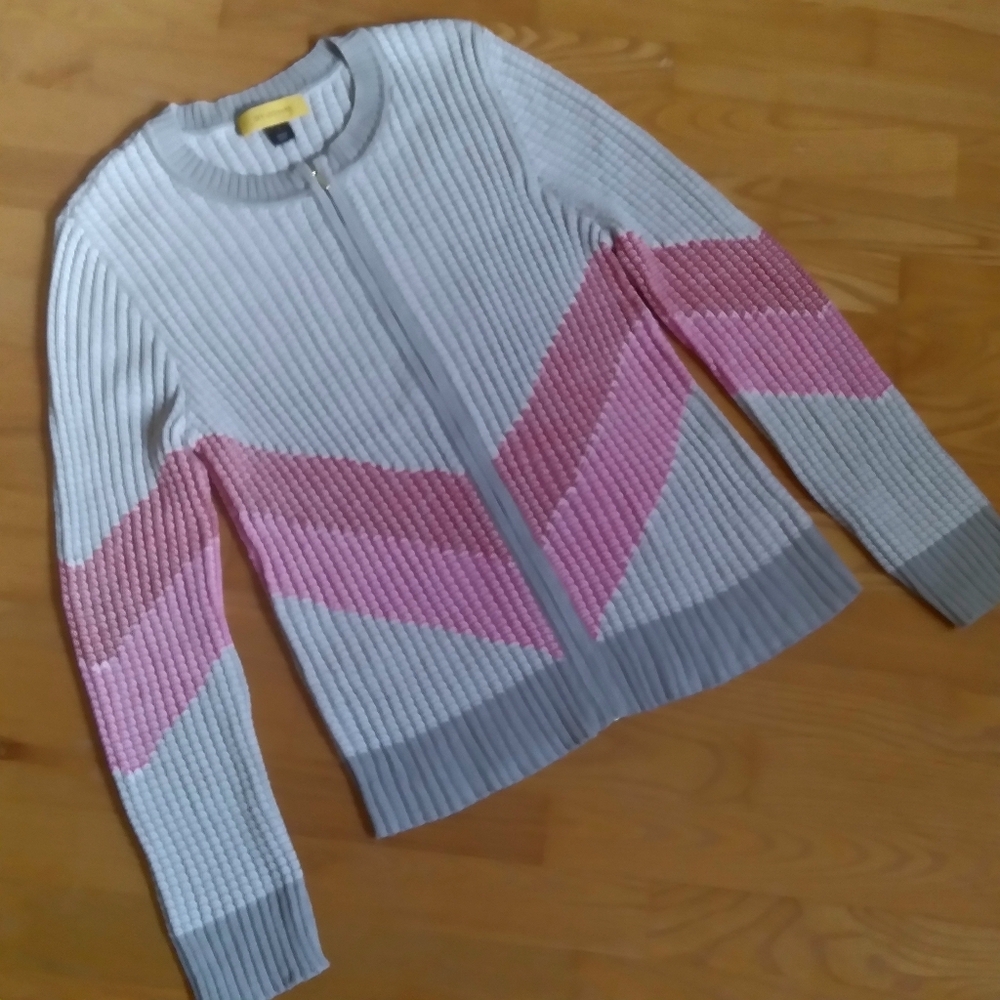 St. John Santana Knit Women's Sweater Large Pink Red Chevzon Print Ribbed Zip-Up - Picture 12 of 12